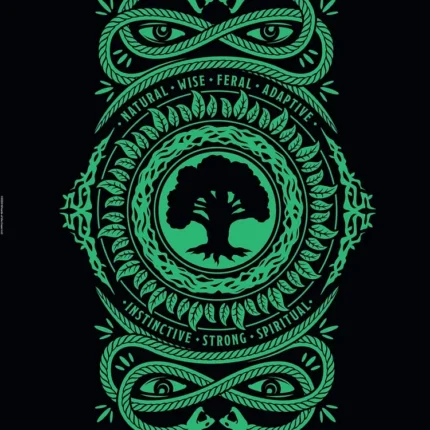 Green tree emblem inside rings of leaves and serpents on a black background
