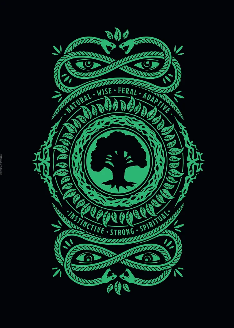 Magic The Gathering Green Mana Emblem Tree Symbol Light Poster Green tree emblem inside rings of leaves and serpents on a black background