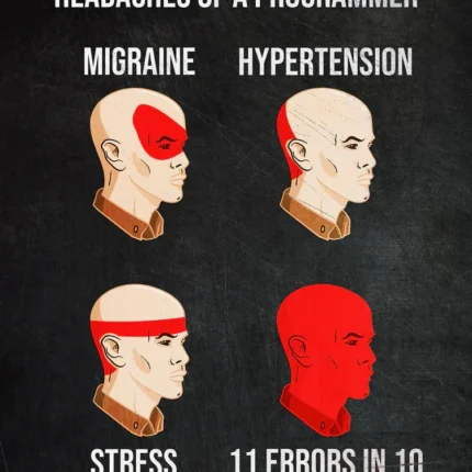 Four red-highlighted heads labeled migraine, hypertension, stress and code errors