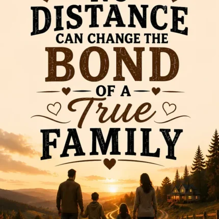 Family of four walking on a country road at sunset beneath the quote about the bond of a true family