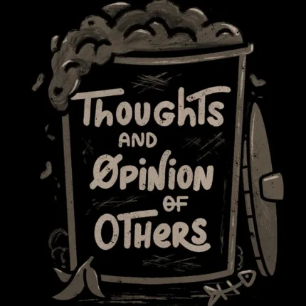 Cartoon trash can labeled Thoughts and Opinion of Others on a dark background
