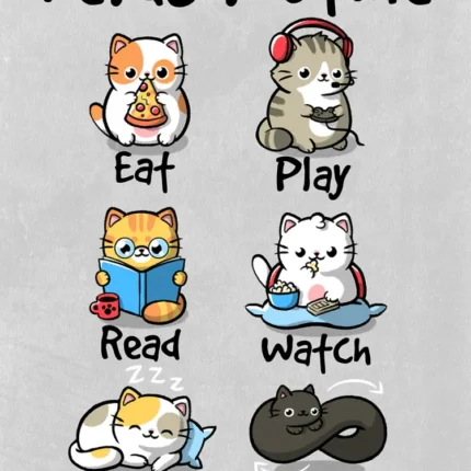 Six cartoon cats labeled Eat, Play, Read, Watch, Sleep and Repeat under Nerds Routine