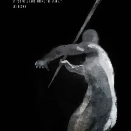 Painted javelin thrower in a throwing pose with a long spear on a black background