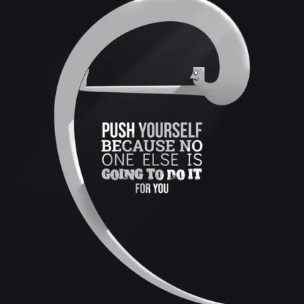 Silver curve and white motivational text Push yourself on a black background