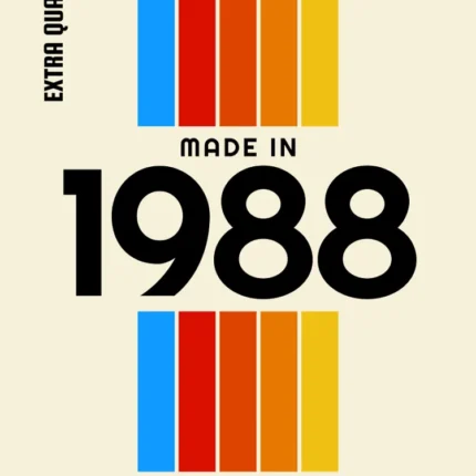 Retro VHS style poster with colorful stripes and text Made in 1988