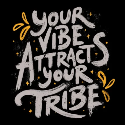 Grey hand-lettered quote Your Vibe Attracts Your Tribe with yellow accents on black