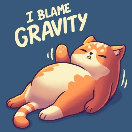 قطة برتقالية كسولة مستلقية مع عبارة I Blame Gravity على خلفية زرقاء