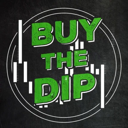 Green BUY THE DIP lettering over white candlesticks on a dark background