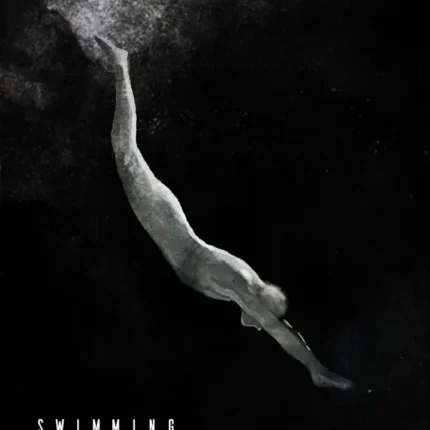 Swimmer diving headfirst into dark water in a black and white painting