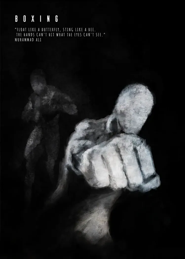 Boxing Punching Fist Close-Up Black and White Sports Poster Boxer's fist punching toward the viewer with a shadowy fighter behind in black and white