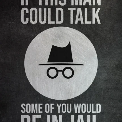 Incognito hat and glasses icon with text: if this man could talk, some of you would be in jail