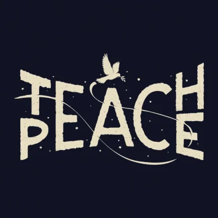 Teach Peace lettering in cream with a dove on a dark navy background