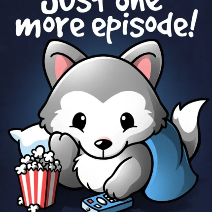 Cartoon husky with popcorn and a remote under 'Just one more episode!'