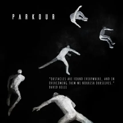 Several white figures performing parkour jumps and rolls on a black background