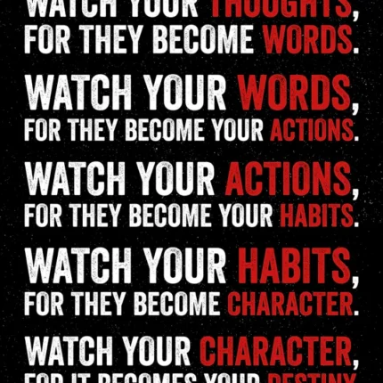 عبارة Watch Your Thoughts متسلسلة بحروف بيضاء وحمراء على خلفية سوداء