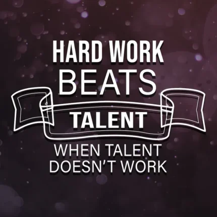 عبارة Hard Work Beats Talent داخل شريط أبيض على خلفية بنفسجية لامعة