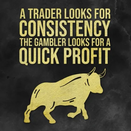Black poster with gold text about trader consistency versus quick profit and a golden bull