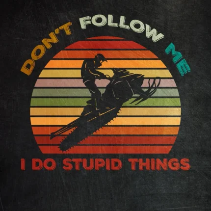 Snowmobile rider before a striped retro sun with Don't follow me text