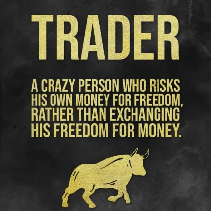 Black poster with gold text defining a trader as risking money for freedom, with a bull