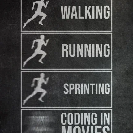 Four boxed rows reading walking, running, sprinting and coding in movies with runner icons