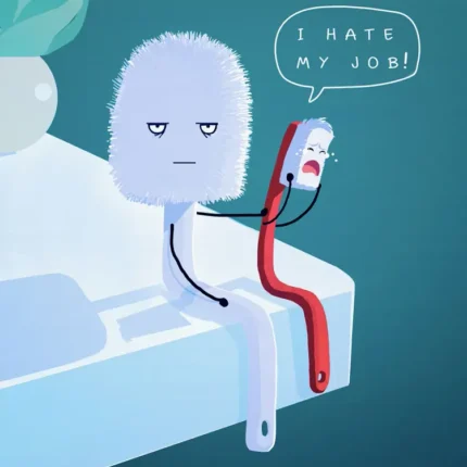 Cartoon toothbrush saying I hate my job to a toilet brush on a tub