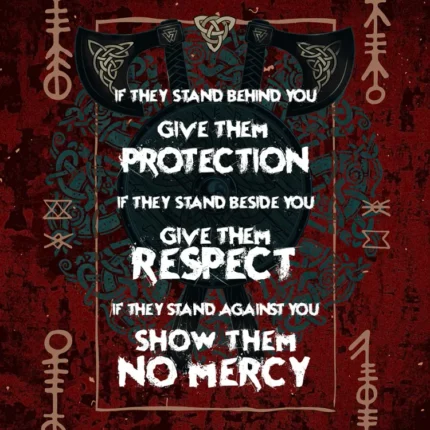 Viking quote poster about protection, respect and no mercy with axes on red