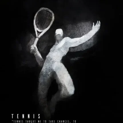 Tennis player raising a racket to serve with a bright ball above on black