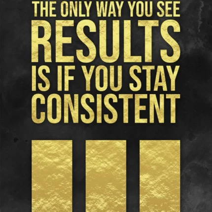 Gold text about consistency and results above three gold blocks on a dark background