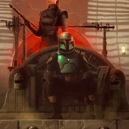 Armored Boba Fett seated on a throne with a woman holding a rifle standing behind him