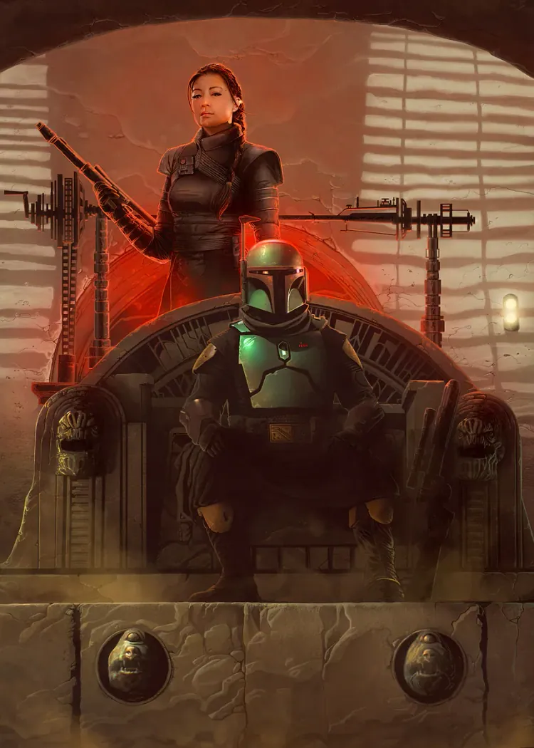 Book of Boba Fett The Throne Star Wars Illuminated Poster Armored Boba Fett seated on a throne with a woman holding a rifle standing behind him