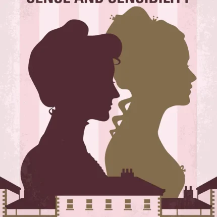 Sense and Sensibility film poster with two women silhouettes above a pink country house