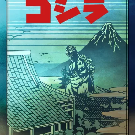 Godzilla behind Japanese rooftops with Mount Fuji in vintage poster style