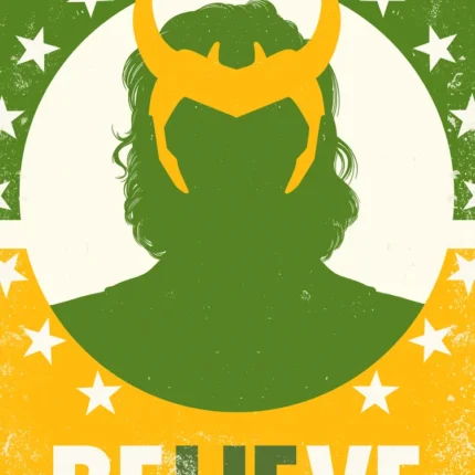 Silhouette wearing a golden horned helmet above the word Believe with LIE highlighted