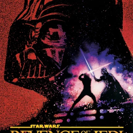 Red Revenge of the Jedi poster with Darth Vader helmet and a lightsaber duel