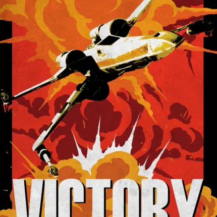 X-wing flying through a fiery explosion above the word VICTORY