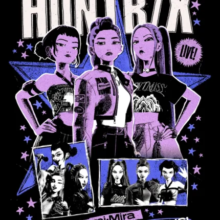 Three animated K-pop singers under Huntrx lettering with text Zoey-Rumi-Mira For the fans