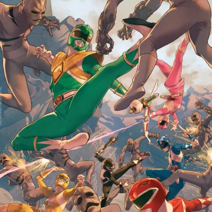 Green Power Ranger flying kick in a crowded battle with Red and Pink Rangers