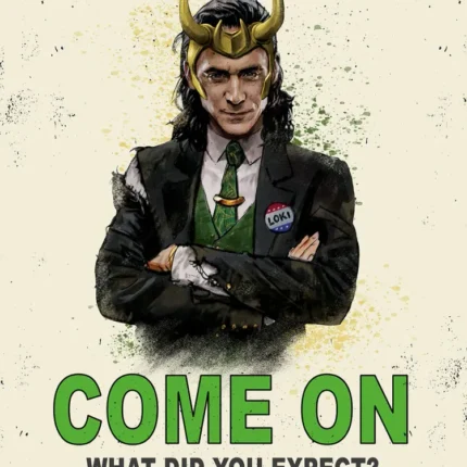 Man in a suit and golden horned helmet with the text Come On, What Did You Expect