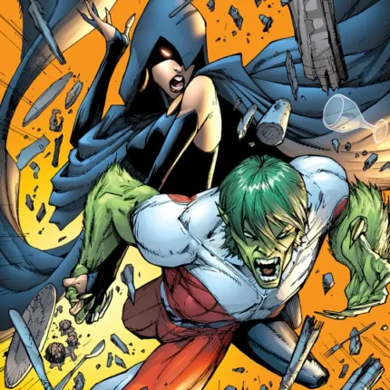 Comic art of a hooded woman and a green-skinned hero amid flying debris