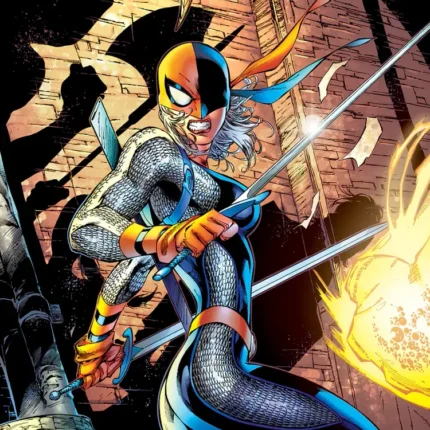 Comic art of a masked heroine with a staff in a brick alley beside fire