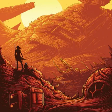 Star Wars The Force Awakens poster with a figure before a crashed starship in an orange desert