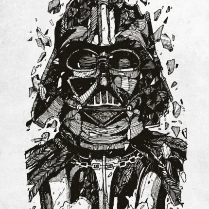 Black ink illustration of Darth Vader helmet with flying shards