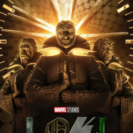 Three masked guardians in cloaks before a golden sunburst clock, Loki logo at the bottom of the poster
