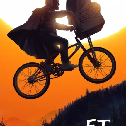 Boy on a flying bicycle with E.T. in the basket against a large orange sunset