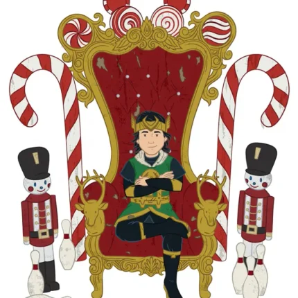 Young Loki in green on a red throne with candy canes, toy soldiers and peppermint decorations