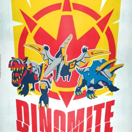 ثلاثة روبوتات ديناصورات داخل نجمة حمراء وصفراء مع عبارة Dinomite