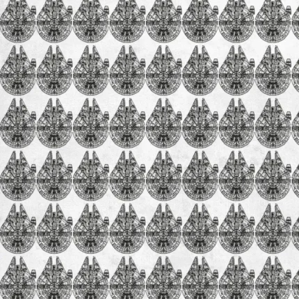 Black and white repeating pattern of Millennium Falcon ships on white