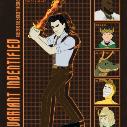 Cartoon Loki holding a flaming sword with five variant character portraits and Variant Identified text