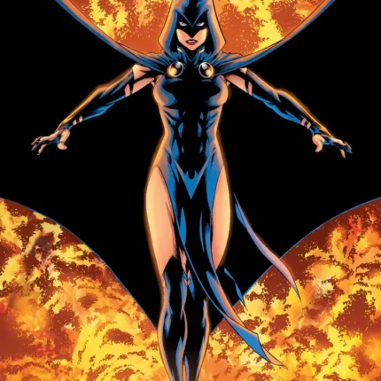 Comic art of a hooded heroine hovering in front of a fiery orange sun