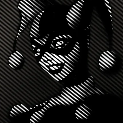 Masked woman in a jester hood with pom-poms in a black and white striped effect